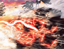 a painting of a battle scene with a red lightning bolt coming out of it