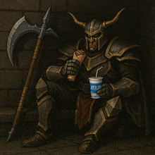 a knight is holding a cup of ayran and eating a sandwich