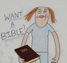 a child 's drawing of a woman holding a holy bible