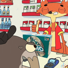 a cartoon of a fox giving a thumbs up next to a box of oio