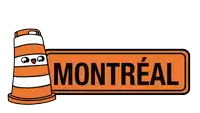 a sign that says montreal next to a traffic cone with hearts coming out of it