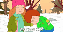 a cartoon of a woman talking to a boy with the words are you ok on the bottom