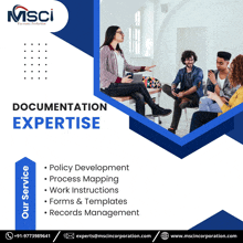an advertisement for msci documentation expertise shows a group of people having a meeting