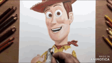 a drawing of woody from toy story is being made by animatica