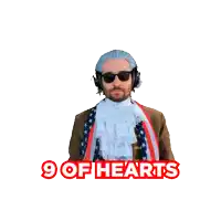 a man in a patriotic costume holds up a nine of hearts card