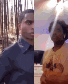 a man and a woman are standing next to each other and the man is wearing a blue shirt
