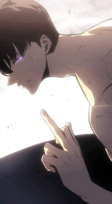 a man with purple eyes is pointing at something with his finger