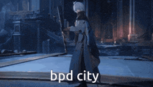 a video game character with the words bpd city written below him
