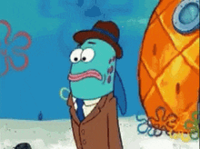 a cartoon character from spongebob squarepants wearing a suit and tie is standing next to a pineapple .