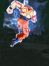 a cartoon character with white hair and orange pants is flying through the air