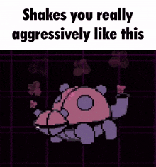 a pixel art of a teapot with the words `` shakes you really aggressively like this '' on it .