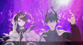two anime characters are standing next to each other in front of a dj mixer .
