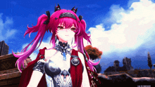 a girl with pink hair and a crown on her head is standing in front of a cloudy blue sky