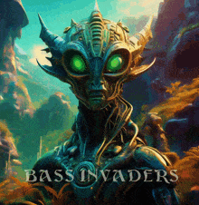 a painting of a monster with the words bass invaders on the bottom