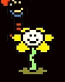 a pixel art of a flower with a face on it and a man holding a sword .