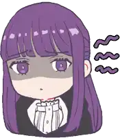 a cartoon drawing of a girl with purple hair and a white shirt