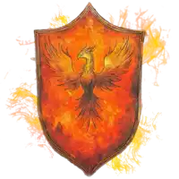 a shield with a phoenix on it and flames behind it