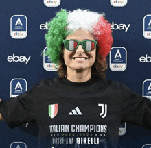 a man wearing a wig and sunglasses stands in front of ebay