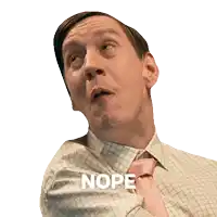 a man in a plaid shirt and pink tie has the word nope on his arm