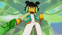 a cartoon character is wearing headphones and holding a sword .