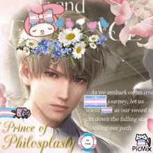a picture of a boy with a flower crown and the words prince of philosplashy