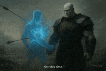 a painting of a man and a ghost with the words " not this time " on the bottom