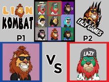 a poster for lion kombat p1 and p2 with a lion wearing sunglasses