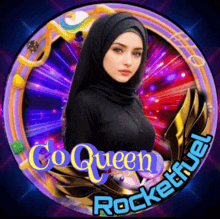 a woman in a black hijab is surrounded by a rocketfuel logo