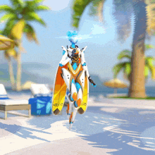 a robot with a surfboard on its back that says a on it
