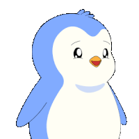 a blue and white penguin with an orange beak is smiling