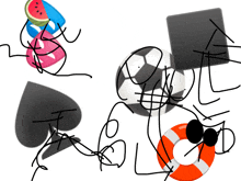 a drawing of a life preserver a soccer ball and a watermelon slice