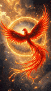 a phoenix is flying in the sky with a circle of fire surrounding it .