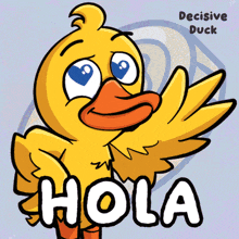 a cartoon of a yellow duck with the words hola below it