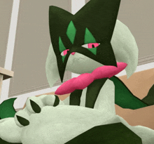 a cartoon character with green eyes and a pink collar