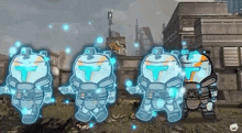 a group of cartoon robots are standing next to each other in a field .