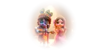 a cartoon of krishna and radha playing musical instruments