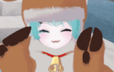 a girl with a bell around her neck is wearing a reindeer costume
