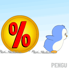 a penguin is pushing a yellow coin with a red percent on it