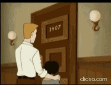 a man and a boy are standing in front of a door that says 1407 .