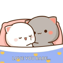 a couple of cats laying next to each other on a bed with the words `` love you babe '' written on the bottom .