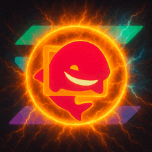 a glowing circle with a red dolphin inside of it