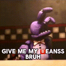 a purple stuffed animal with the words give me my beans bruh