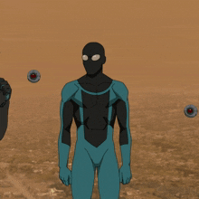a cartoon drawing of a man in a blue and black superhero costume