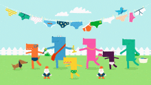 a bunch of cartoon characters are standing in front of a clothesline