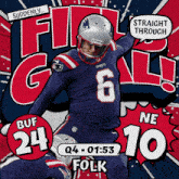 a patriots football player stands in front of a speech bubble that says " straight through "