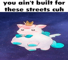 a unicorn with a crown on its head and a bow tie is flying in the air .