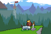 a pixel art of a dog with a crown and a sword