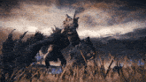 a monster with horns is standing in a field