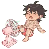 a cartoon drawing of a person with tattoos sitting next to a fan