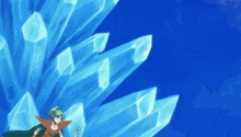 a girl with green hair is standing in front of a wall of blue crystals